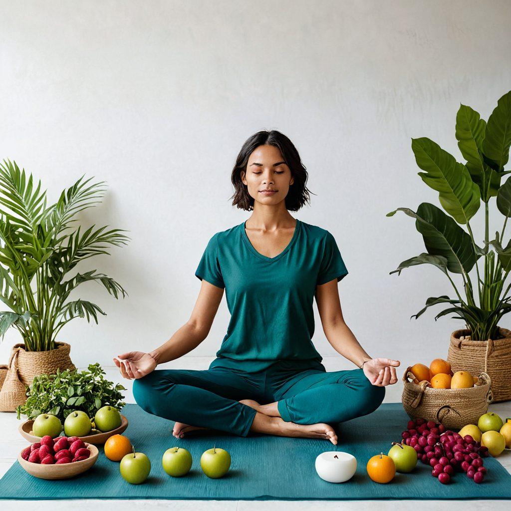 A serene scene depicting a person practicing mindfulness while surrounded by sustainable fashion items like eco-friendly clothing, reusable bags, and natural fabrics. Include elements of daily wellness such as plants, a yoga mat, and organic fruits. Use a soft, calming color palette to evoke tranquility and sustainability. super-realistic. vibrant colors. white background.