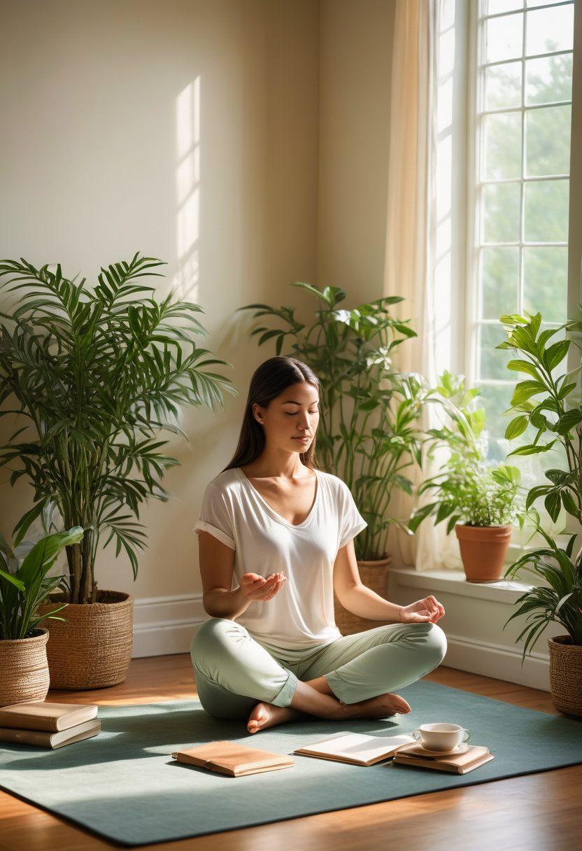 A serene scene depicting a woman meditating in a peaceful, sunlit room surrounded by plants and calming decor. Include a journal and a cup of herbal tea on a side table, symbolizing self-care. Soft, warm colors and natural light reflect a sense of tranquility and personal growth. super-realistic. vibrant colors. soft focus.