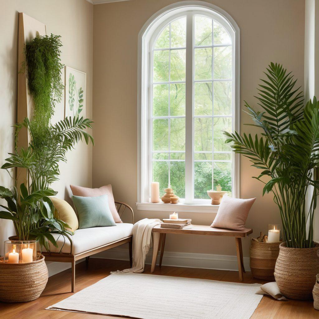 A serene workshop filled with nature-inspired elements, showcasing sustainable fabric swatches and eco-friendly accessories. A tranquil scene with a soft sunlight filtering through leafy plants, alongside a cozy reading nook featuring holistic wellness books and aromatherapy candles. Include a stylish mannequin draped in a sustainable outfit, surrounded by vibrant greenery. watercolor style. gentle pastels. organic textures.